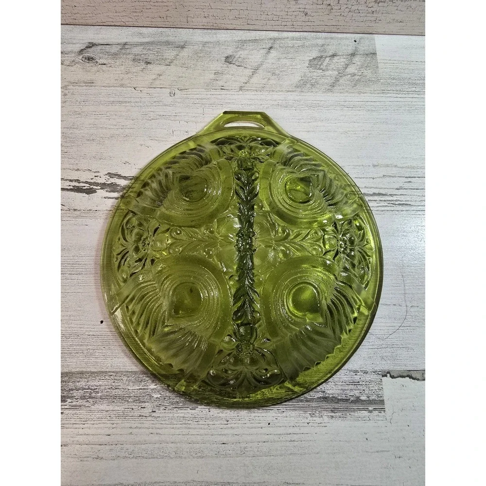 Vintage Green Pressed Glass Divided‎ Relish Dish Footed Serving Tray with Handle